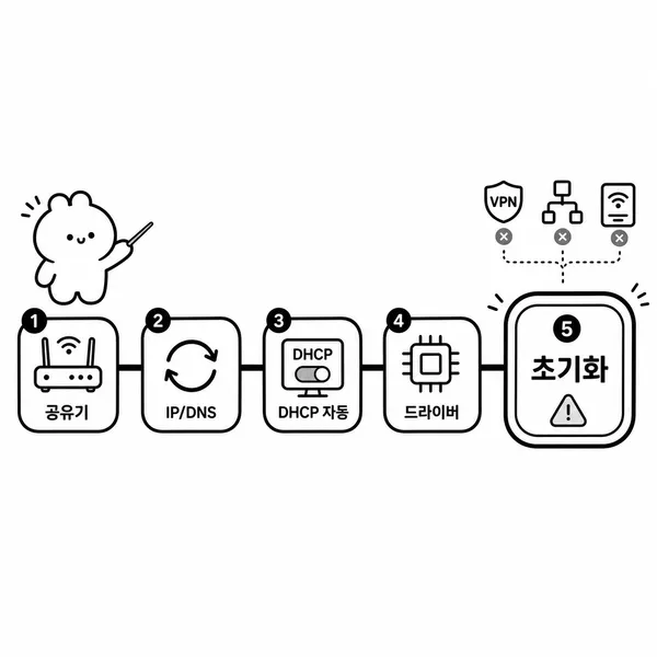 공유기 확인부터 드라이버 점검까지 진행한 뒤 네트워크 초기화를 마지막 단계로 두는 점검 순서 그림