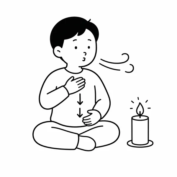 앉은 사람이 한 손은 가슴에 한 손은 배에 올리고 복식호흡과 입술 오므리기 호흡을 연습하는 그림