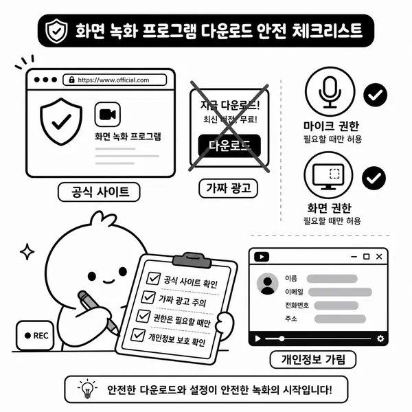 화면 녹화 프로그램 다운로드와 개인정보 보호 점검을 안내하는 그림