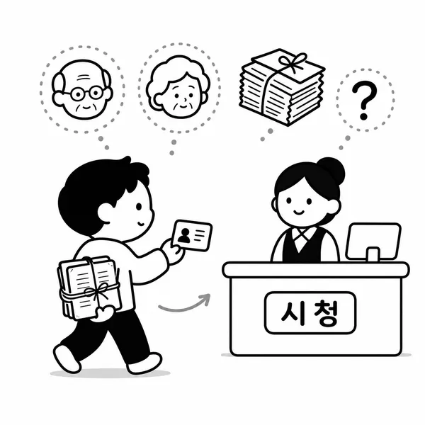 신분증과 제적등본을 들고 시청 지적부서에 방문하는 사람 이미지