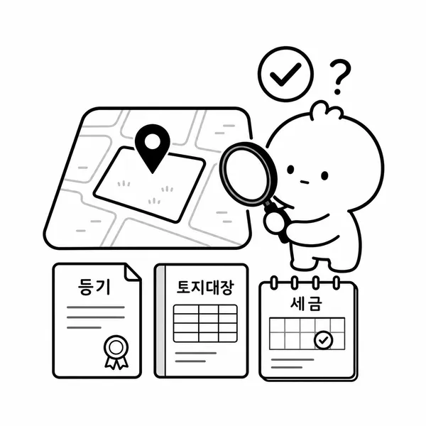 발견된 토지와 등기부, 토지대장, 세금 기한을 확인하는 절차 이미지