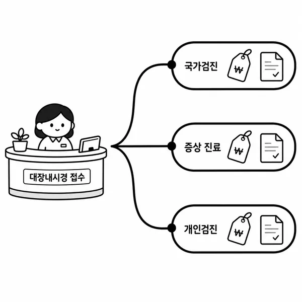 대장내시경 검사비용이 국가검진, 증상 진료, 개인 검진에 따라 달라지는 기준을 설명한 일러스트
