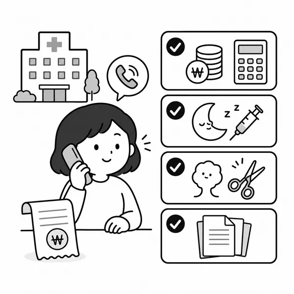 대장내시경 예약 전 총 예상 금액, 수면비 포함 여부, 용종 제거 추가비, 보험 청구 서류를 확인하는 체크리스트 일러스트