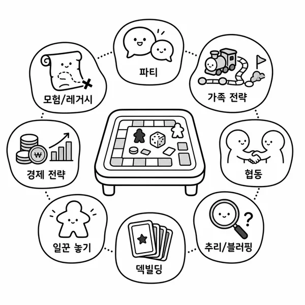 파티 게임, 가족 전략, 협력, 추리, 덱빌딩 등 8가지 보드게임 종류를 한눈에 보여주는 지도형 일러스트