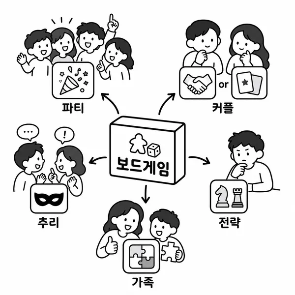 모임 상황에 따라 파티 게임, 협력 게임, 카드 게임, 헤비 전략 게임을 고르는 흐름도 일러스트