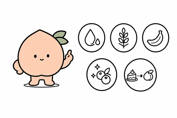 수분 보충, 식이섬유, 칼륨, 항산화 성분, 단 간식 대체를 표현한 복숭아 일러스트