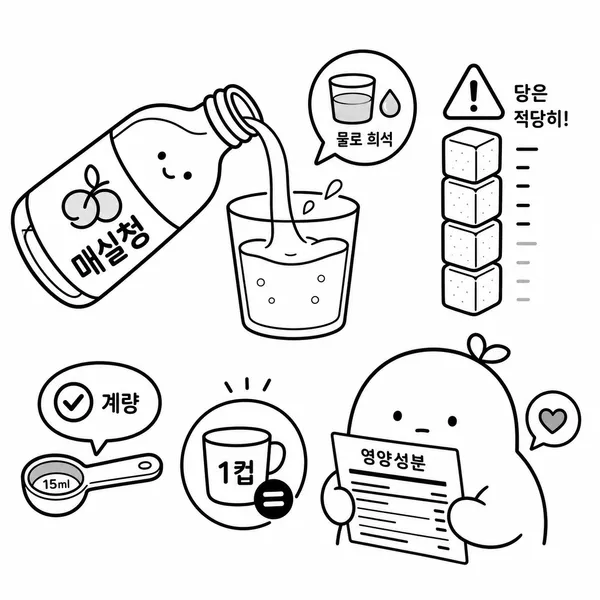 매실청을 물에 희석할 때 당류와 섭취량을 확인해야 한다는 점을 보여주는 일러스트