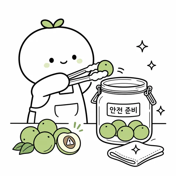 생매실과 매실 씨앗 섭취를 주의하고 위생적으로 담그는 모습을 보여주는 일러스트