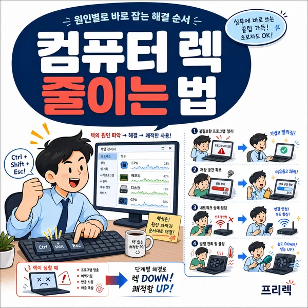 컴퓨터 렉 줄이는 법을 설명하는 작업 관리자와 PC 점검 일러스트
