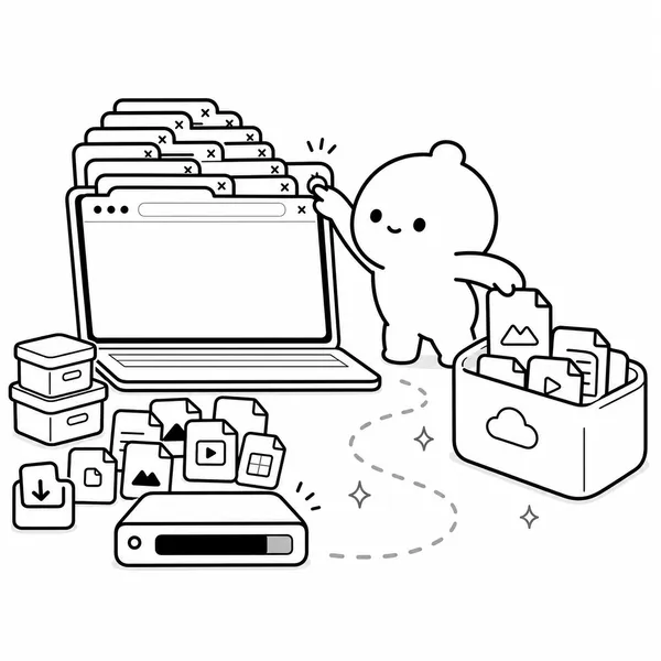 브라우저 탭과 다운로드 파일이 많은 노트북을 정리하는 모습