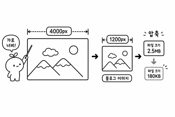 4000픽셀 원본 사진을 1200픽셀 블로그 이미지로 리사이즈하는 설명 그림