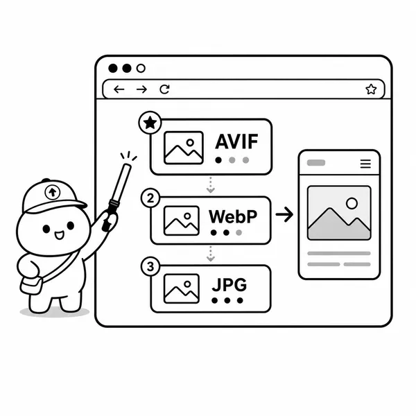 브라우저가 AVIF, WebP, JPG 순서로 지원 포맷을 선택하는 설명 그림