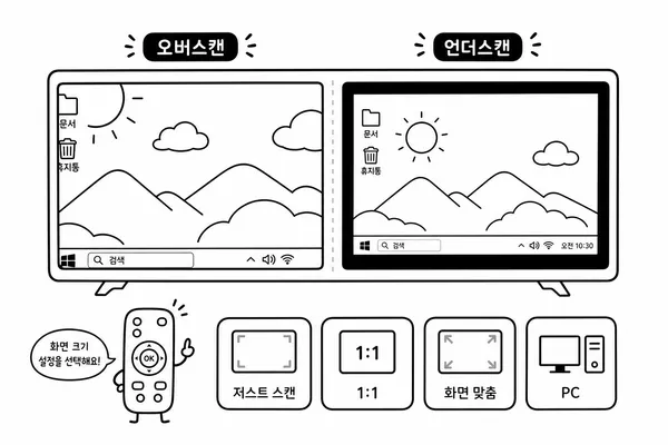 TV 화면의 오버스캔과 언더스캔 차이를 비교한 일러스트