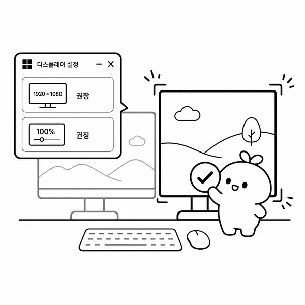 윈도우 디스플레이 설정에서 권장 해상도와 배율을 확인하는 일러스트