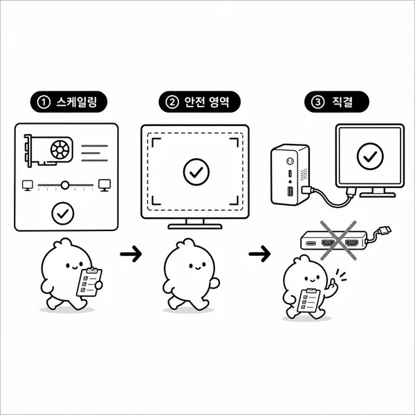 그래픽카드 스케일링, 게임 안전 영역, 케이블 직접 연결을 점검하는 일러스트
