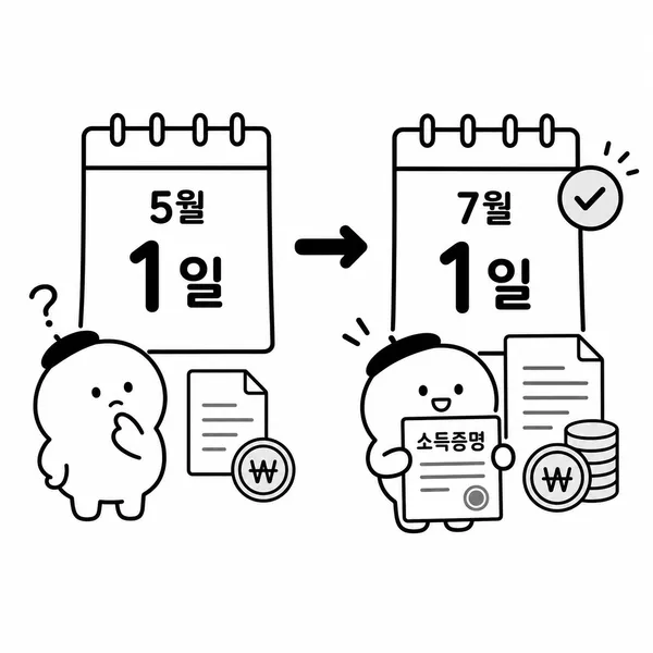 5월 1일과 7월 1일로 나뉘는 전년도 소득금액증명 발급 가능 시기 안내 그림