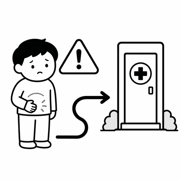 갑자기 소변이 나오지 않고 아랫배 통증이 있을 때 병원으로 가야 함을 나타내는 경고 그림