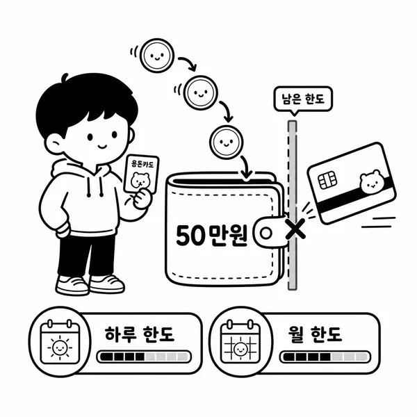카카오뱅크 mini 잔액과 결제 한도를 설명하는 지갑 일러스트