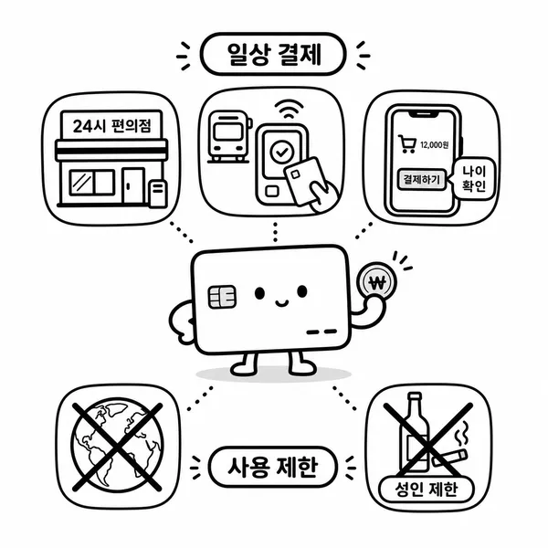 카카오뱅크 mini카드의 온라인 결제 교통카드 제한 업종을 보여주는 사용처 지도
