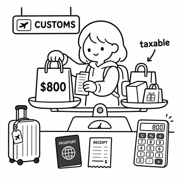 공항 세관에서 여행자가 800달러 면세 한도와 초과 과세 물품을 계산하는 모습
