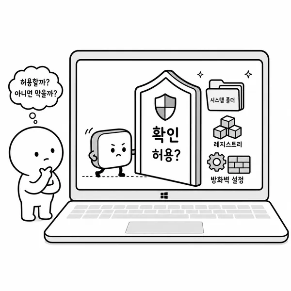 UAC 확인 창이 의심스러운 앱의 시스템 변경을 막는 개념도