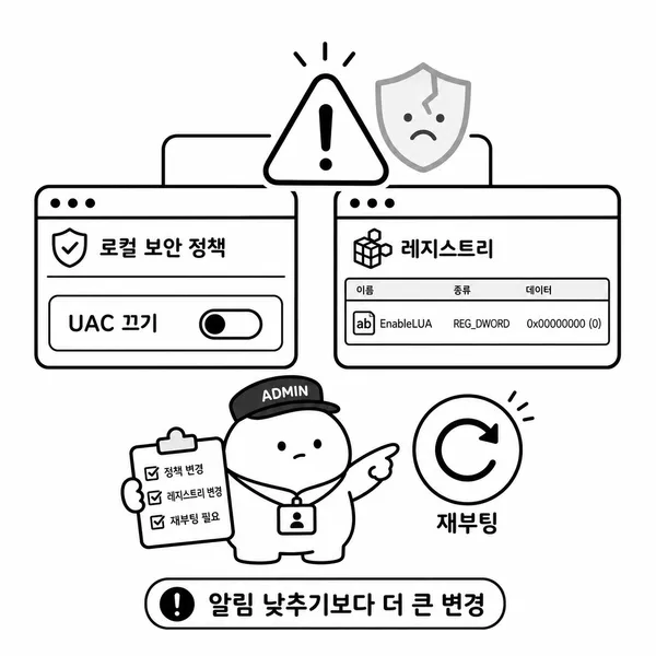 로컬 보안 정책과 레지스트리로 UAC를 완전히 끌 때의 주의 사항 이미지
