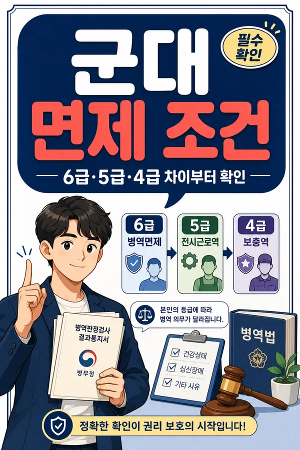 군대 면제 조건과 6급 5급 4급 차이를 설명하는 교육용 표지 이미지