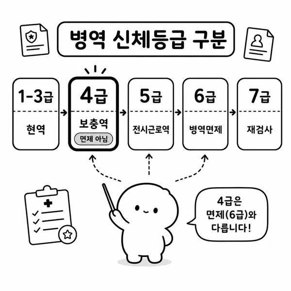 신체등급 1급부터 7급까지 병역처분 차이를 보여주는 안내 이미지