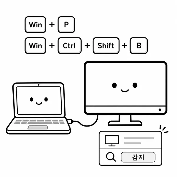 Windows 노트북에서 외부 모니터 연결 문제를 Win P와 그래픽 드라이버 재설정으로 확인하는 이미지