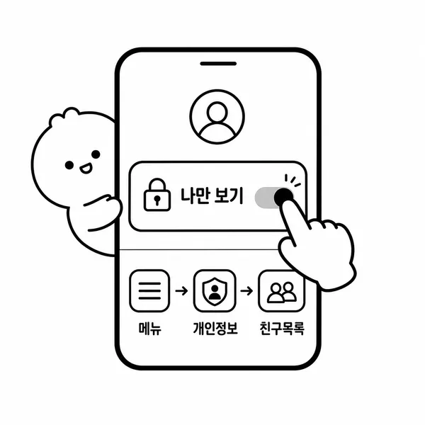 스마트폰에서 친구목록 비공개 설정 토글을 누르는 간단한 흑백 일러스트