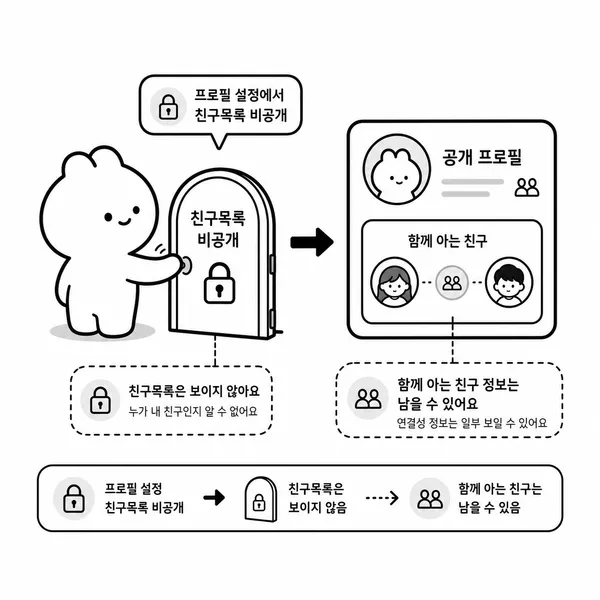 친구목록을 숨겨도 공통 친구나 상대방 프로필에서 관계가 보일 수 있음을 설명하는 흑백 일러스트