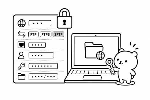 FTP 접속 전에 필요한 호스트 주소, 프로토콜, 포트, 아이디, 비밀번호, 경로를 정리한 체크리스트 그림