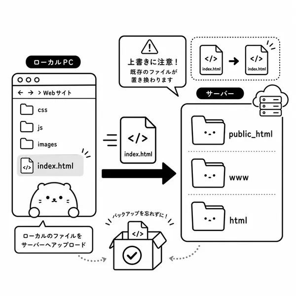 로컬 PC에서 public_html, www, html 서버 폴더로 index.html을 업로드하고 백업을 확인하는 그림