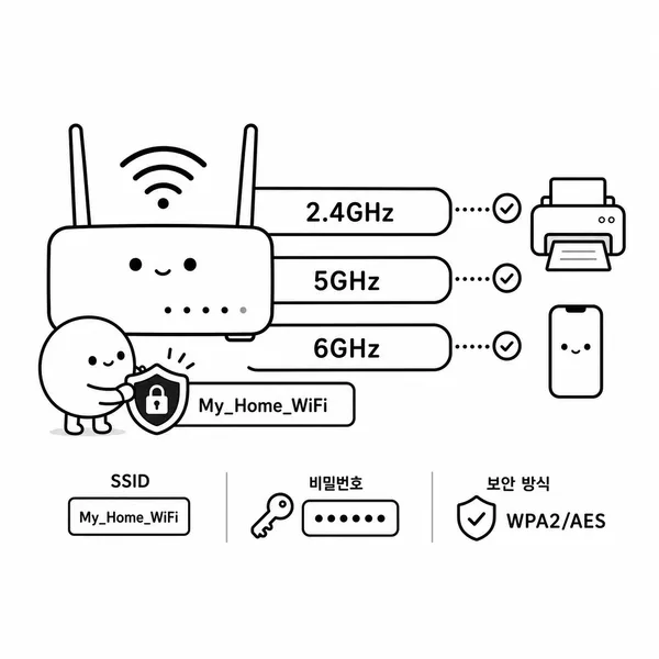 2.4GHz 5GHz 6GHz 와이파이 대역과 보안 설정을 설명하는 일러스트