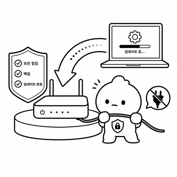 ipTIME 공유기 펌웨어 업데이트와 보안 점검을 안내하는 일러스트