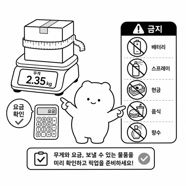 EMS 요금과 금지품목 확인을 설명하는 이미지