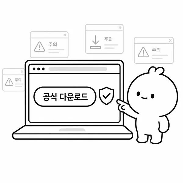 공식 다운로드 버튼과 보안 확인 표시를 가리키는 안내 이미지