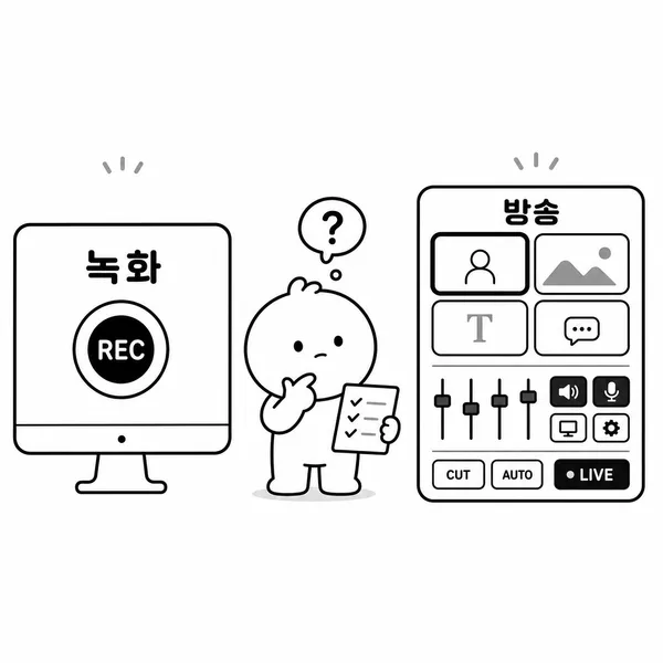 간단한 녹화용 반디캠과 복잡한 방송용 OBS 선택을 비교하는 이미지