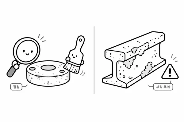 가벼운 표면 녹과 깊은 부식을 비교하는 흑백 일러스트