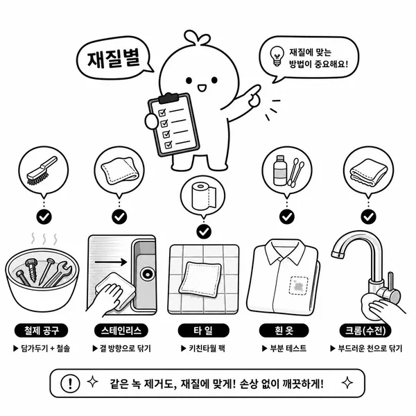 철제 공구와 스테인리스 싱크대, 욕실 타일, 흰 옷, 크롬 수전을 재질별로 관리하는 일러스트