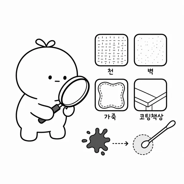 천 벽 가죽 코팅 책상 표면을 확대경으로 확인하는 그림