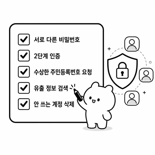 비밀번호 분리, 2단계 인증, 유출 정보 조회를 점검하는 보안 체크리스트 이미지