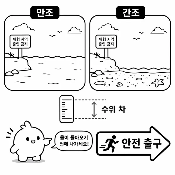 만조와 간조의 차이와 조위를 설명하는 해안선 일러스트