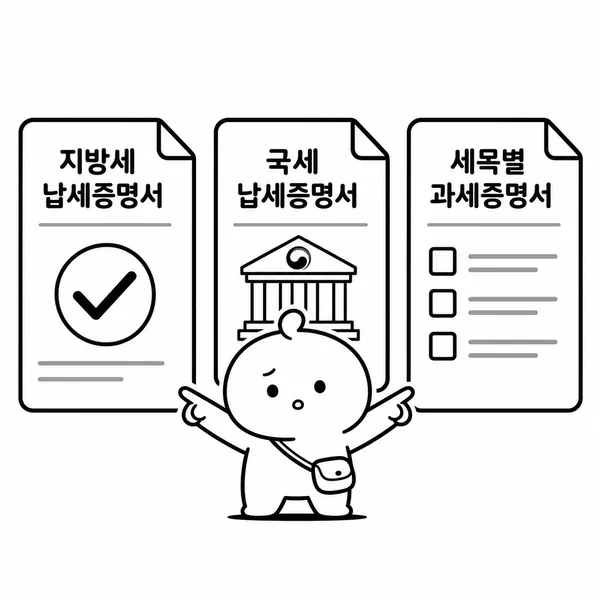지방세 납세증명서와 국세 납세증명서, 세목별 과세증명서의 차이를 비교하는 일러스트