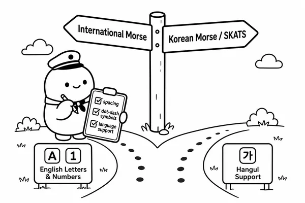 영어는 International Morse 한글은 Korean Morse SKATS를 선택하라는 체크리스트 일러스트