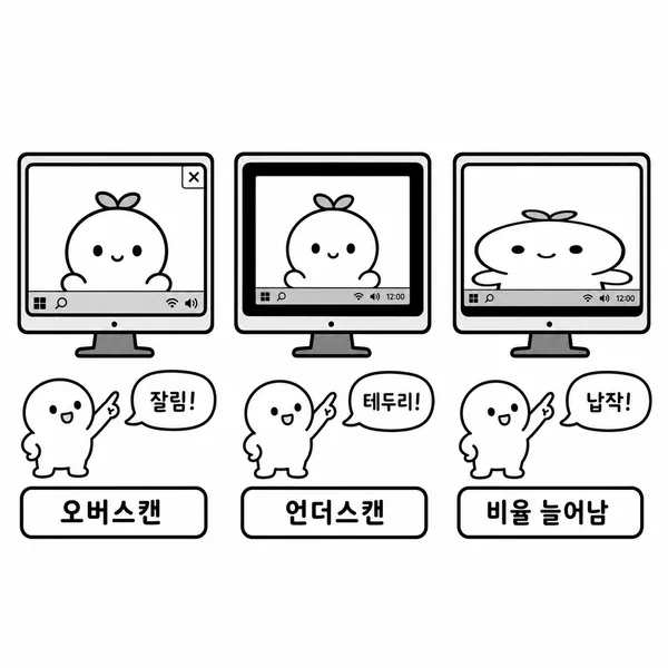 오버스캔 언더스캔 비율 왜곡 증상을 비교한 모니터 그림