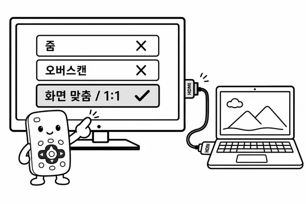 TV 화면 설정에서 Just Scan Screen Fit 1대1을 선택하는 그림