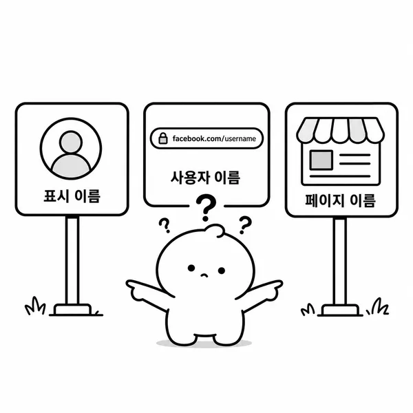 페이스북 이름, 사용자 이름, 페이지 이름 차이를 설명하는 일러스트