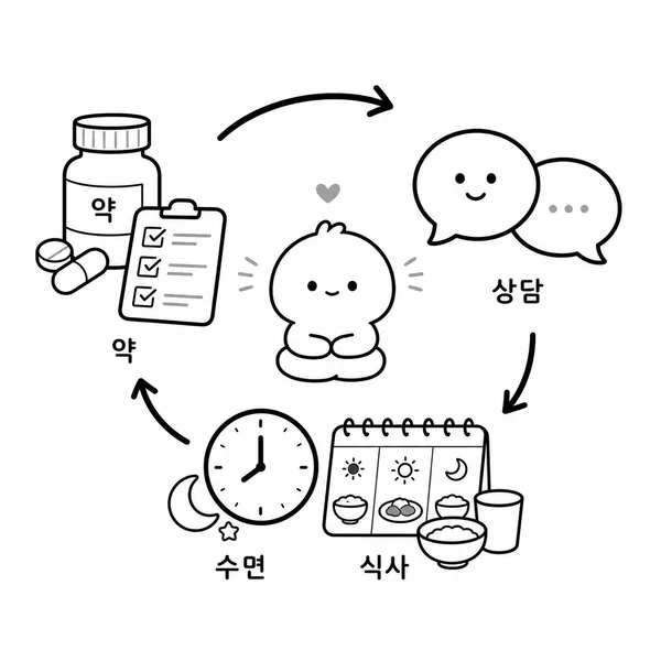 약물치료 상담치료 생활리듬 관리를 함께 보여주는 일러스트
