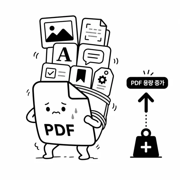 이미지와 폰트, 주석, 메타데이터 때문에 PDF 파일이 무거워지는 모습을 설명한 그림